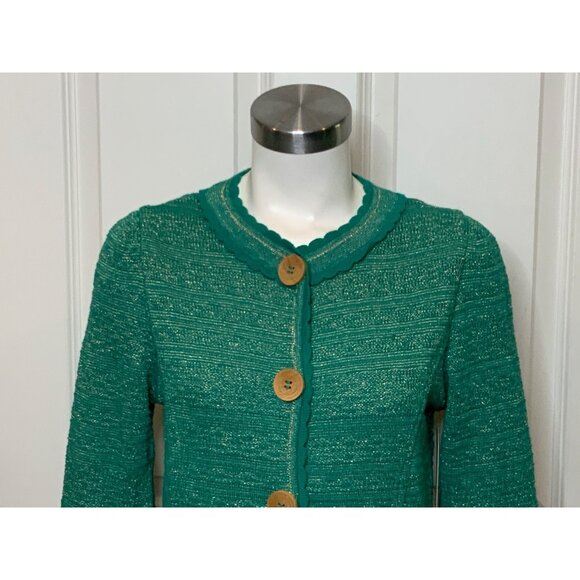 Manouch Pauline Teal Green & Metallic Gold Ruffle Cardigan, Size M - Picture 2 of 11